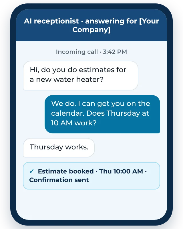 Example AI receptionist call: the AI receptionist answers for a contractor and books an estimate on the calendar