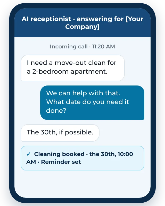 Example AI receptionist for a cleaning business booking a move-out cleaning