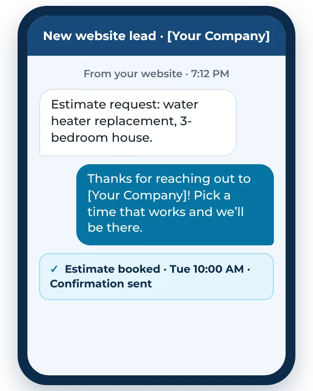Example website design for contractors: a visitor requests an estimate from a phone and gets booked