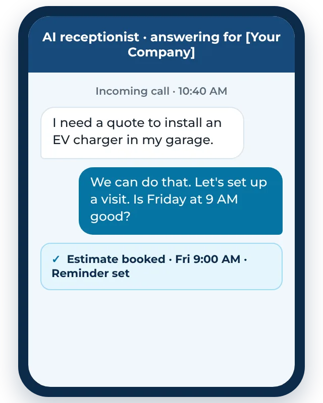 Example electrician answering service call booking an EV charger estimate