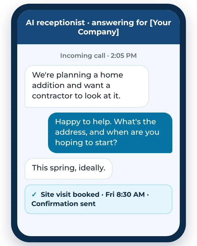 Example answering service for general contractors booking a site visit for a new project