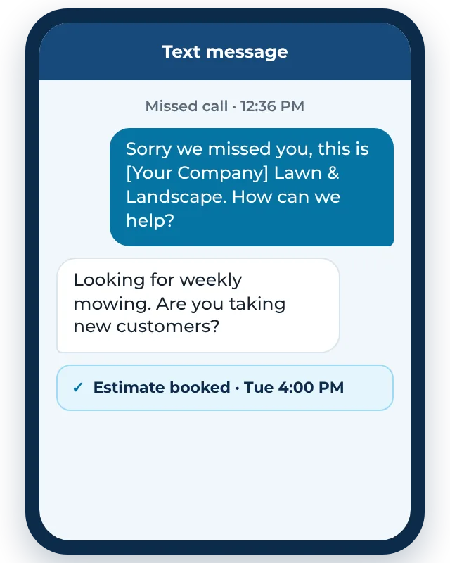 Example landscaping answering service text: a missed caller asking about weekly mowing gets a reply