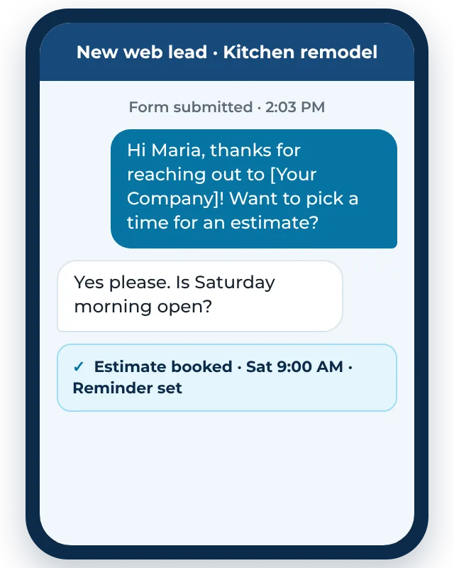 Example lead follow-up text sent to a new website lead within a minute