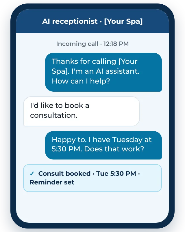Example AI receptionist call for a med spa: the caller asks about a consultation and it gets booked