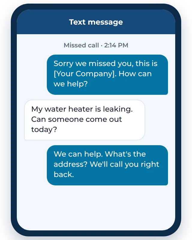 Example missed call text back: the business texts the caller seconds after a missed call